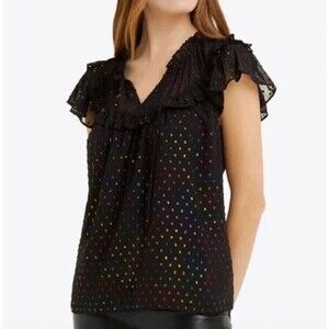 NWT Draper James Blouse Sz L Rainbow Shimmer Black Clip Dot Flutter Sleeve Top
